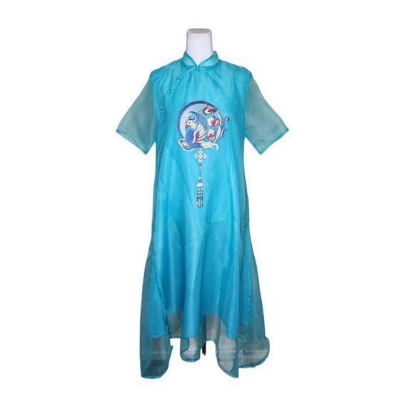 Vintage Chinese Sheer Short Sleeve Embroidered Dress Womens Size L Turquoise Blu - Picture 1 of 8
